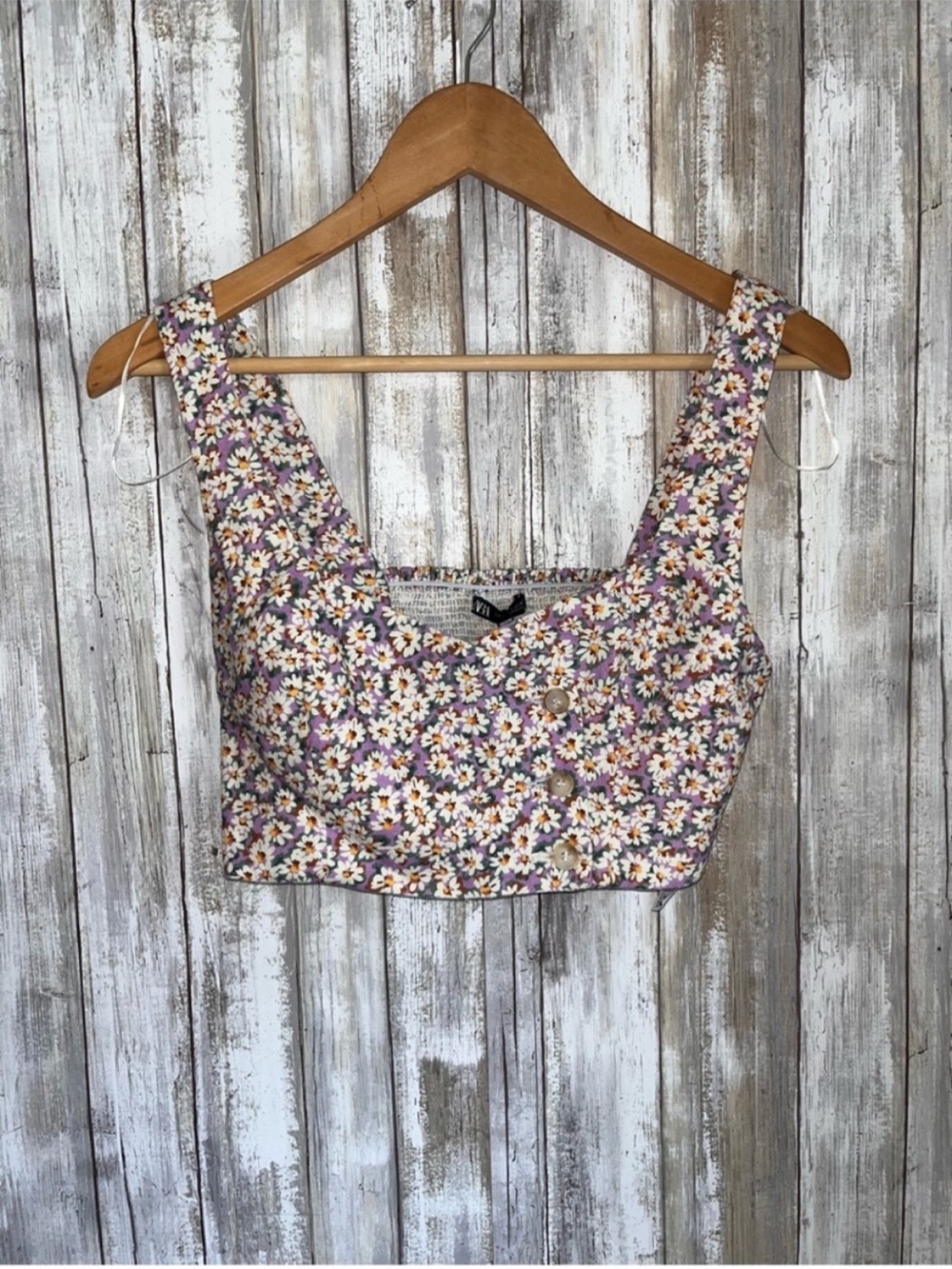 Zara Linen Blend Purple Daisy Floral Crop Top Smocked Back Button Front S